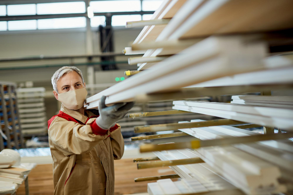 manual worker with face mask stacking wood planks shelf carpentry workshop